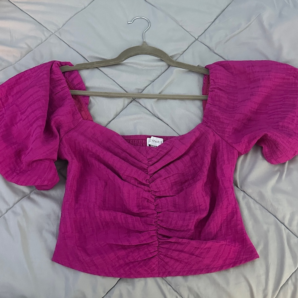 LUCY PARIS Fuchsia Puff Sleeve Blouse Crop Top